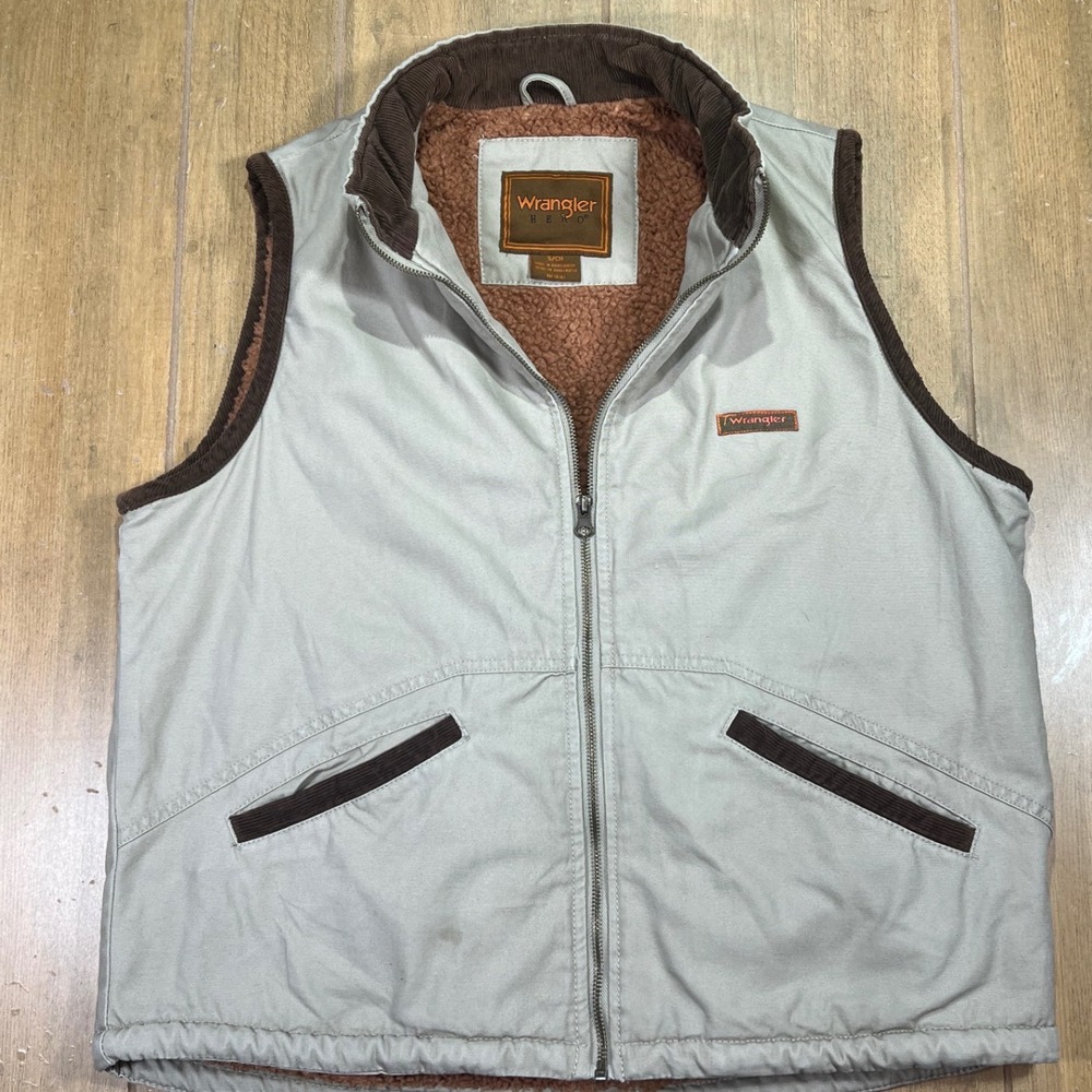 Wrangler Hero Canvas Sherpa Lined Vest Gray Brown Corduroy Trim S RN 15101